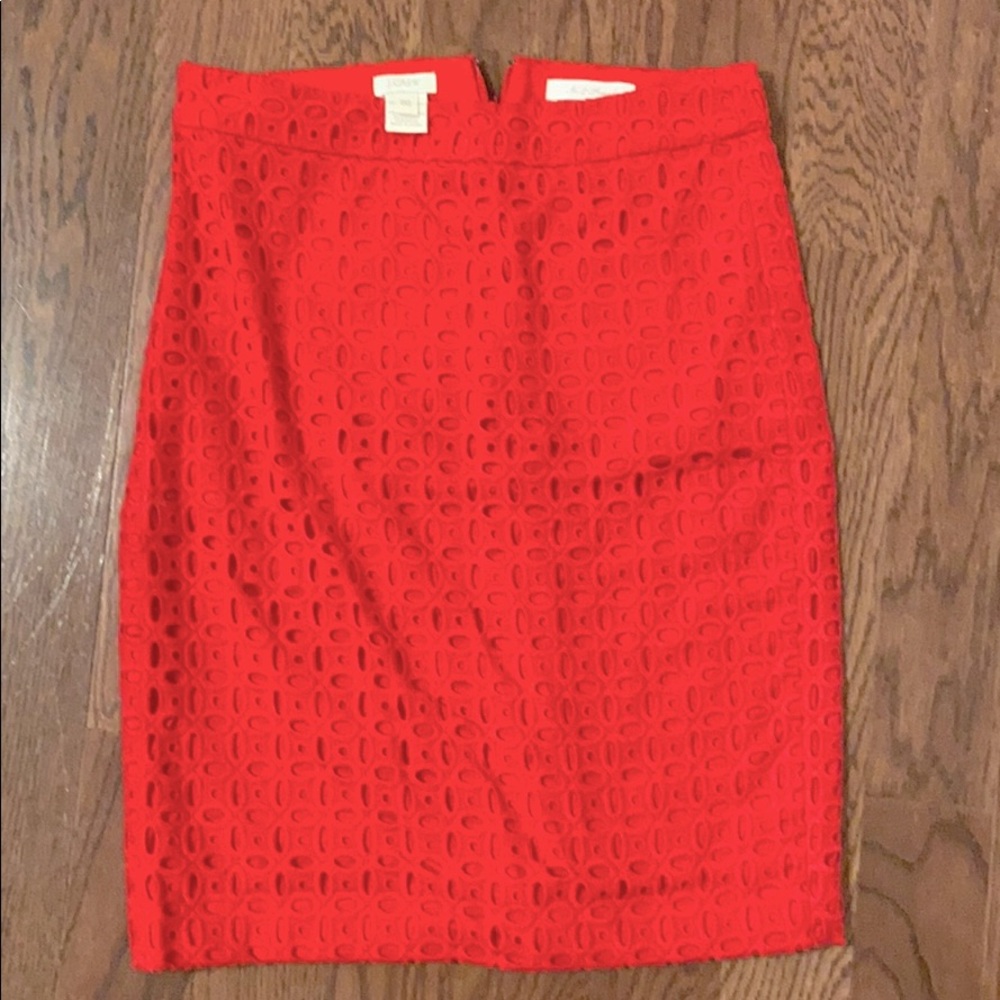 J crew eyelet red pencil skirt size 00